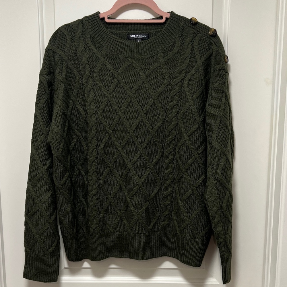 SHEIN Olive Green Cable Knit Crewneck Sweater with Shoulder Buttons